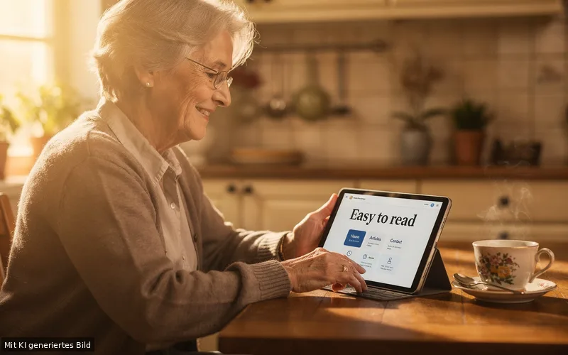 Ältere Frau nutzt ein Tablet mit gut lesbarer Website – Barrierefreiheit im Web