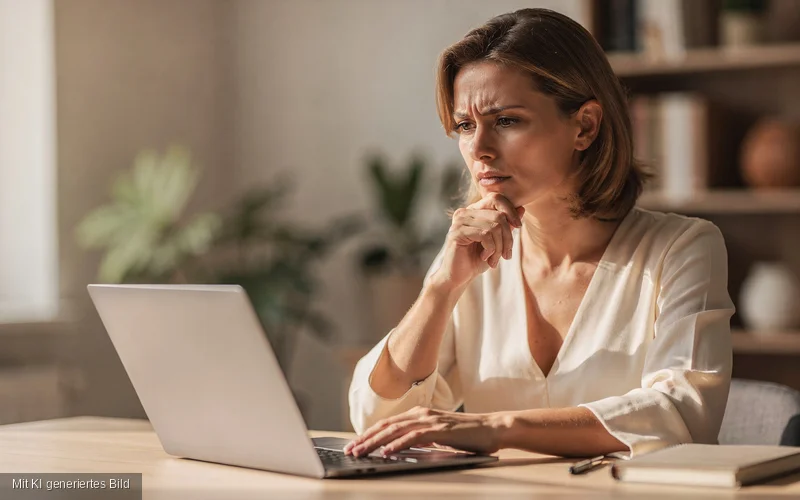 Frau am Laptop, skeptisch auf einen Bildschirm schauend