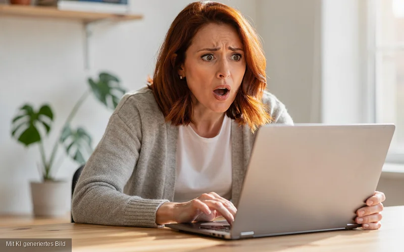 Frau blickt erschrocken auf ihren Laptop – Datenschutz-Audit zeigt Verstöße