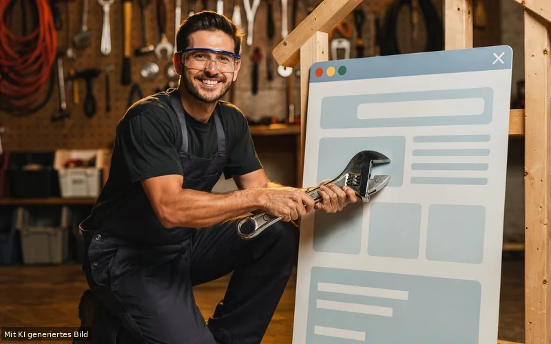 Handwerker mit Schraubenschlüssel vor einer Website-Vorlage – SEO-Grundlagen verständlich erklärt