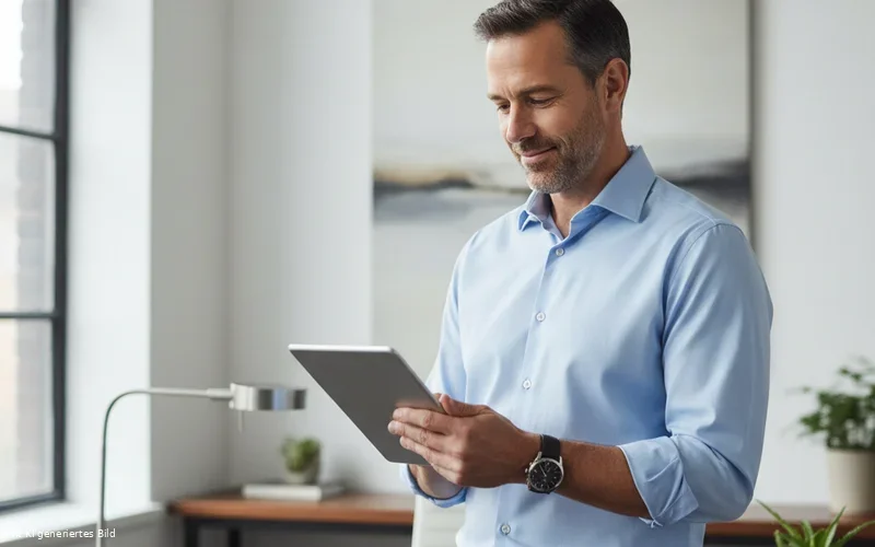 Unternehmer prüft Website auf Tablet